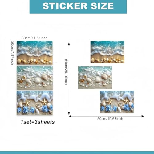 3 Sheets Vinyl Blue Ocean Wall Sticker Beach Shell Wall Decal Blue Sea Floral Peel and Stick Clings for Bathroom Room Bedroom Decorations