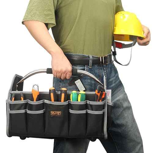 16 Inch Electrician Tool Bag, Open Top Tool Bag, Open Top Tool Bags, 26 Pockets Organizer with Steel Handle and Removable Shoulder Strap