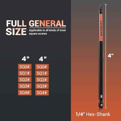 10Pcs Square Drive Bits Set, 4¡± Long Premium S2 Alloy Steel Square Bit Set #0, 1, 2, 3, and #4 Magnetic Square Drill Bit Set,1/4 Inch Hex Shank.