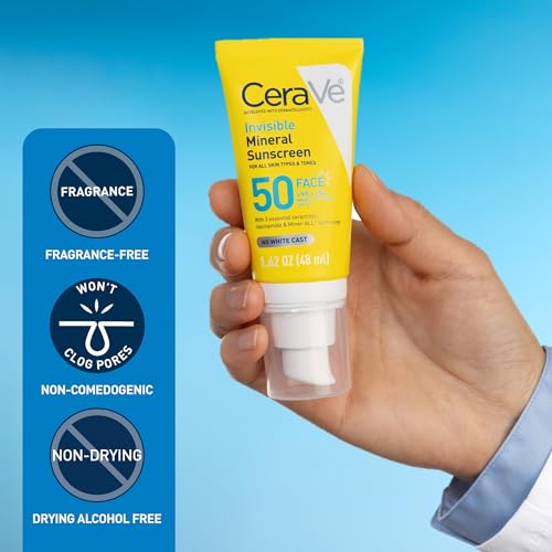 CeraVe Invisible Mineral Sunscreen SPF 50, Face Sunscreen for Sensitive Skin With Zinc Oxide & Titanium Dioxide, Vitamin E + Niacinamide + Ceramides, Oil Free, Travel Size 1.62 oz