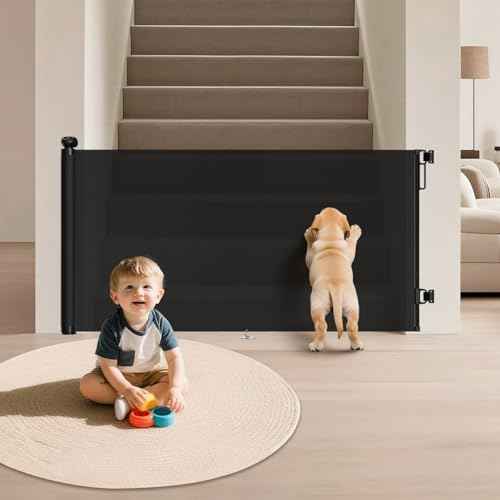 Retractable Baby Gates for Stairs, 55" Wide Mesh Baby Gate for Doorways, 34" Tall Dog Gate Suitable for Baseboards, Wide Child Gate for Hallways, Kitchen, Deck, Indoor & Outdoor, Black