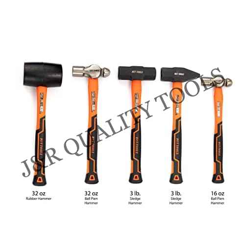 VCT 5pc Hammer & Mallet Set, 16oz & 32oz Ball-Pein Hammers, 32oz Rubber Mallet, 3lb Sledge & Cross-Pein Hammers, Metal Working