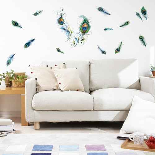 PLIGREAT Peacock Feathers Wall Stickers, Removable Vinyl Peel and Stick Wall Decals Green Tail Feathers Wall Decors for Living Room Bedroom Office Home Indoor DIY TV Background Wall Decoration