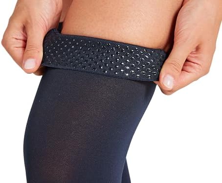 MGANG 15-20 mmHg Compression Stockings for Women & Men, Thigh High Medical Footless Graduated Compression Sleeves with Silicone Dot Band, for Varicose Veins, Edema, Travel, Flight, Navy Blue M