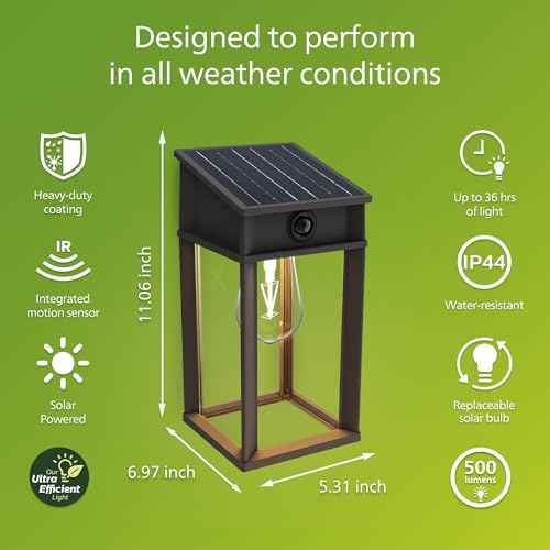 Philips Solar LED 1-Pack Geri UltraEfficient Outdoor Wall Light, Motion Sensor, 2700K, Square, Black, 500 Lumen, High Brightness, Glass, Metal