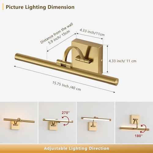 Brass Picture Lights for Wall Hard-Wired LED Picture Lighting Dimmable Art Light Gallery Lighting for Wall Portraits Artwork 15.75 inch 7W Warm White