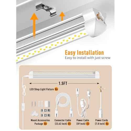 LED Shop Light, 25W 3750LM 6000K Super Bright, Plug and Play, Linkable Utility Shop Lights for Garage, Cabinet, Workbench, Workshop (6 Pack)