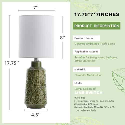 Ceramic Table Lamp Set of 2, 18" Modern Farmhouse Bedside Lamps with Leaf Pattern & White Linen Shade, Nightstand Lamps with Inline ON/Off Switch for Living Room, Bedroom, Dining Room