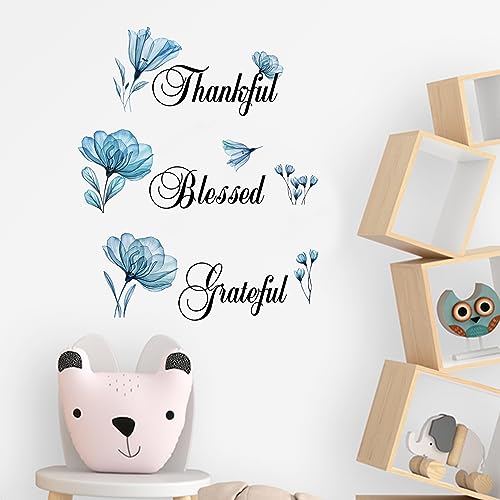 ADECALS Thankful Grateful Blessed Motivational Wall Sticker Blue Flower Butterfly Peel and Stick Wall Art Decor Home Famiy Inspirational Stickers Decor Quotes