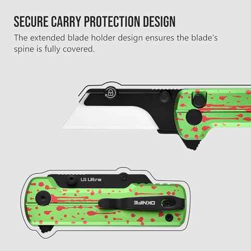 OKNIFE U1 Ultra Folding Utility Knife with Ceramic Blade, Lightweight 6061-T6 Aluminum Alloy Handle with Clip, Button Lock EDC Pocket Knife (Zombie Green)