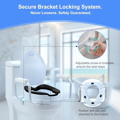 Toilet Seat Risers for Seniors,Adjustable Anti-Silp Handles & Thickened Cushion,Handicap Elevated Toilet Seat with Handles Over Toilet, Adjustable Height & Width,300 lbs, Black