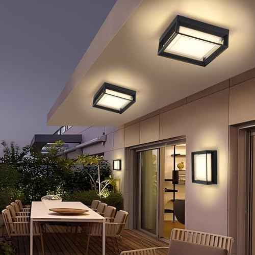 Square Flush Mount Outdoor LED Ceiling Light Fixture, 120V 24W 3000K 9 inch Medium Overhead Porch & Patio Lights Ceiling Mounted, Waterproof Suitable for Wet Areas, Black