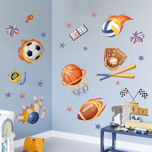 3D Sports Wall Decals, Basketball Soccer Football Wall Stickers Ball Games Peel and Stick Decal Self Adhesive Sticker for Boys Nursery Kids Room Home Decor