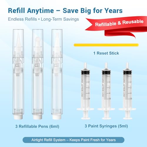 Touch Up Paint Pen Set 3PCS Refillable Paint Touch Up Pens Fillable with Pointed, Round & Flat Tips Multi-Surface Brushes for Walls, Furniture, Cabinets, Wood, and DIY Projects