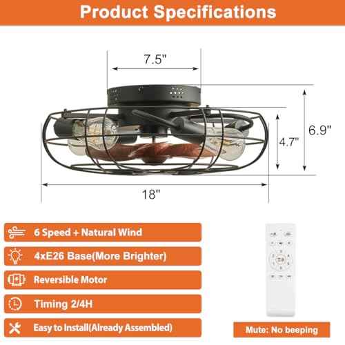 Small Caged Ceiling Fan with Light, Farmhouse Rustic Flush Mount Ceiling Fans with Lights and Remote, Bladeless Low Profile Enclosed Ceiling Fan with Light for Kitchen, Bedroom, Black