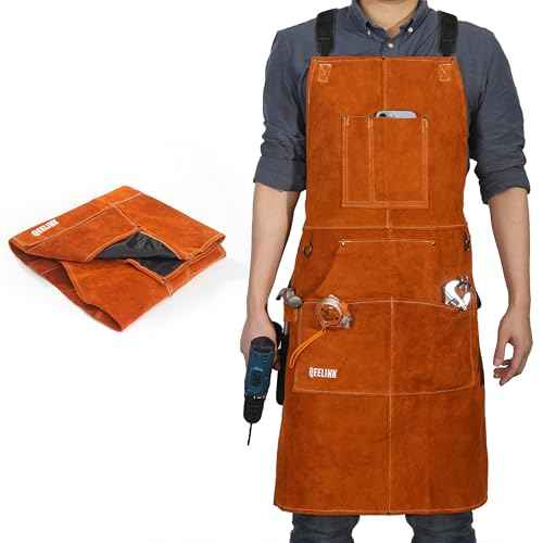QeeLink Leather Welding Work Apron with 6 Tool Pockets, Heat & Flame Resistant Aprons, 24" x 36", Adjustable M to XXXL