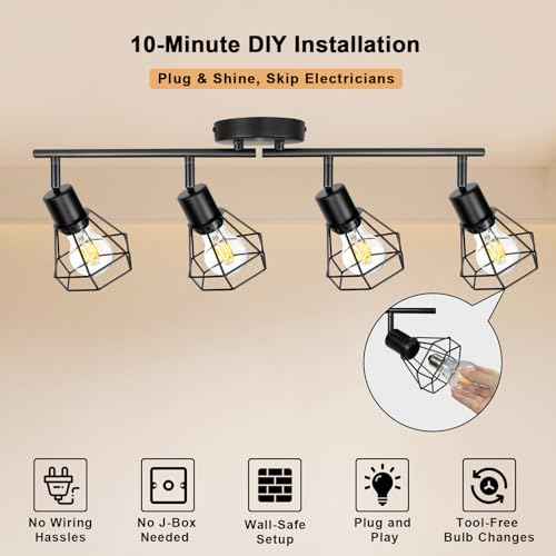 HiBay Plug in Track Lighting Fixtures Ceiling, Adjustable 4-Light Track Light Black, Directional Modern Ceiling Spotlight E26 with 16.4ft Cord & in-Line On/Off Switch for Kitchen Living Room Dorm