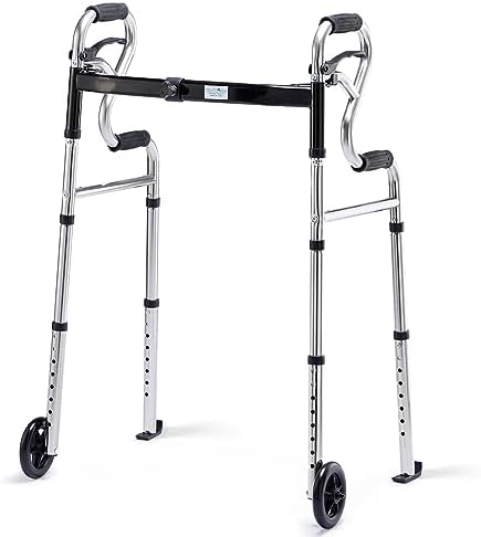 Walkers for Seniors with 5â Front Wheels by Health Line Massage Products, Width Adjustable Compact Standard Walker Support Up to 350lbs, Quick Folding 2 Wheels Walker for Seniors, Adults Sliver