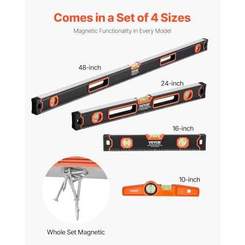 VEVOR 4-Piece Torpedo Level, 48/24/16/10 Inch All Magnetic Levels Set, Fluorescent Light Up Bubble Vials Ruler for 45/90/180 Degree, Aluminum Alloy Magnetic Box Leveler Tool, SAE and Metric Scale