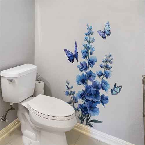Blue Flower Butterfly Wall Stickers, sacinora Daisy Peony Violets Floral Art Wall Decals Removable Vinyl Peel and Stick for Bathroom Bedroom Home Decorations