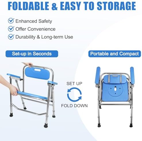 Shower Chair for Elderly & Disabled, Stainless Steel Foldable Shower Seat with Arm and Back, Height Adjustable Safety Bath Seat for Inside Shower, Shower Seat for Bathtub, 500lbs Capacity