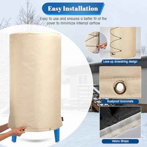 Insulated Well Pressure Tank Cover Aluminum Foil (5¢µ) - 16"D x 32"H Industrial 600D Outdoor Well Water Tank Insulation Blanket, Anti-UV Winter-Freeze Water Well Pump Cover, Beige