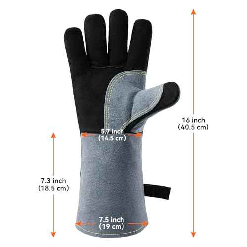 OZERO 932¡ÆF Heat Resistant Welding Gloves 16 inches Cowhide Leather - Long Sleeve and Insulated Lining BBQ Glove for Tig Welder/Mig/Grill/Barbecue/Stove Black-gray
