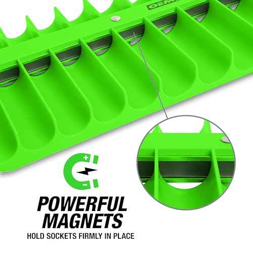 OEMTOOLS 23116 1/4" Drive Portable Magnetic Socket Organizer Tray, Magnetic Socket Holders Organizers For Tool Box, Shop, Or Garage, Holds Up To 26 Tools, Metric/SAE, Green