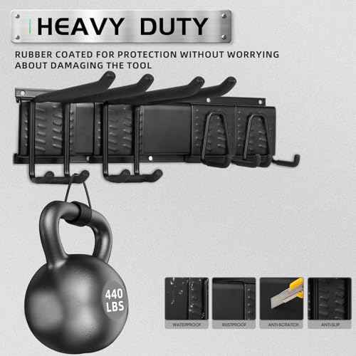 Garage Organization Garage Wall Organizer-Garage Tool Organizer Wall Mount 48in with Adjustable Metal Hooks,Max 440Lbs Yard Tool Organizer,Garden Tool Storage for Shovels Broom Folding Chair,Black