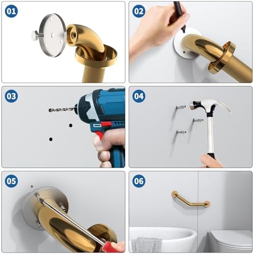 2 Pack 16 Inch Munzong Shower Grab Bars for Seniors, Gold Angled Anti Slip Grab Bars for Bathtubs and Showers Safety Hand Rail Support Handicap Elderly Injury Senior Assist Bath Handle