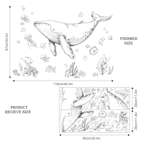 Ocean Whale Wall Decals, Ocean Animal Fish Seaweed Grass Jellyfish Wall Sticker Peel and Stick Under The Sea Art Decor for Boy Girls Kids Baby Nursery Bedroom Bathroom Hall