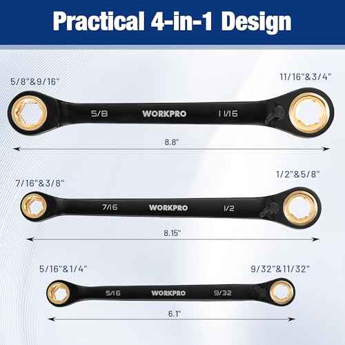 WORKPRO 3-Piece 4-in-1 Reversible Ratcheting Wrench Set, 12 Sizes in 3 Wrenches (1/4"-3/4"), SAE, Anti-Slip, Double Box End, 72-Tooth, CR-V, 6-Point, with Storage Bag - for Repair & Maintenance