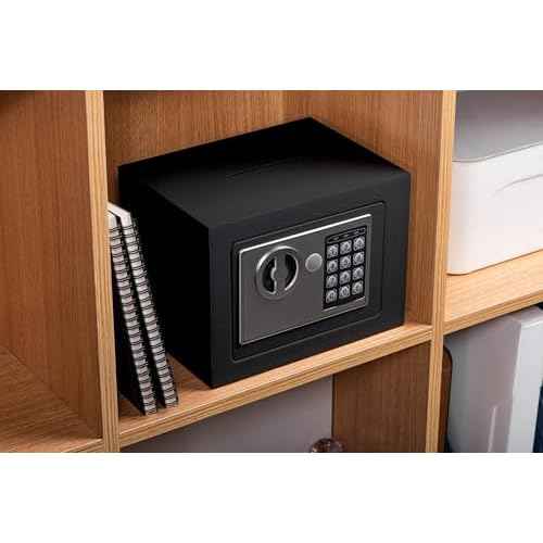 Small Electronic Safe Box With Digital Keypad & Keys - 9.05 x 6.7 x 6.7 Inches Wall Safe 0.23Cuft Mini Security Box for Coin Home Office Hotel Rooms Business Jewelry Gun (Black)