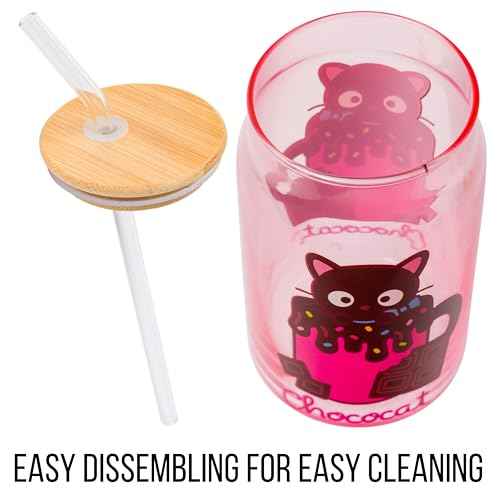 Silver Buffalo Sanrio Hello Kitty & Friends Chococat Chocolate Pink Glass Jar Tumbler with Bamboo Lid and Glass Straw, 16 Ounces
