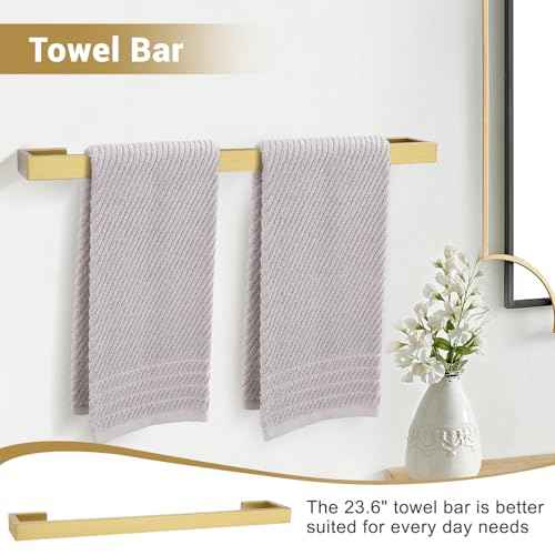 Brushed Gold Bathroom Hardware Set, 4-Piece Bath Towel Bar Set SUS304 Stainless Steel Towel Rack Set for Bathroom, 23.6 inches Bathroom Towel Holder Set Wall Mounted