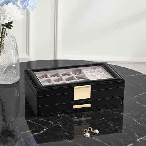 Lolalet Earring Storage Box Case, Large Earring Jewelry Holder Organizer for Women, Glass Top Display, with Drawer and Grid -2 Tiers£¬Black