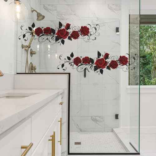 Valentines Wall Decals Valentines Wall Stickers Removable Red Rose Designs Wall Decorations Romantic Stickers for Living Room Bedroom Bathroom Anniversary Party Home Decor 2 Sheets