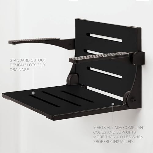 Seachrome Silhouette Comfort Folding Wall Mount Shower Bench Seat with Arms, Black Seat with Matte Black Frame