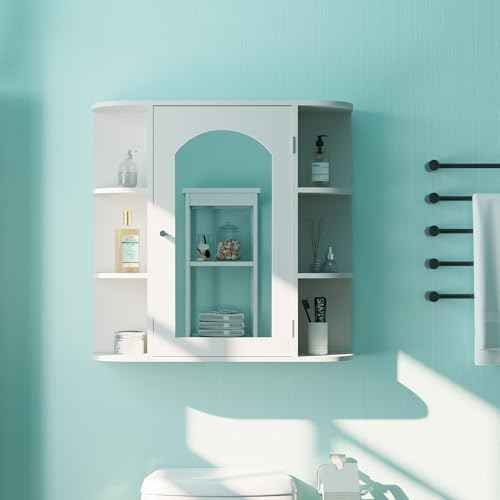 Bathroom Wall Cabinet, Medicine Cabinet with Mirror and Adjustable Shelves,White Wall Mounted Cabinet Over The Toile,3-Tier Wood Hanging Storage for Bathroom,Kitchen,Living,Laundry Room