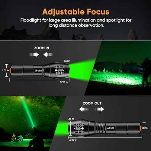 WINDFIRE Green Light LED Flashlight Super Bright Zoomable Waterproof Outdoor Tactical Hunting Flashlight Set with Pressure Switch, Picatiny Mount for Hog Coyote Varmint Hunter