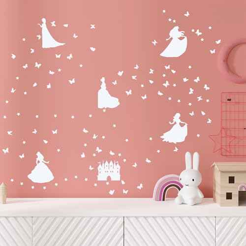 Glow in The Dark Princess Castle Wall Sticker, Self-Adhesive Star Butterfly Wall Decal for Girl's Room, Fluorescent Sticker for Ceiling Nursery (Blue)
