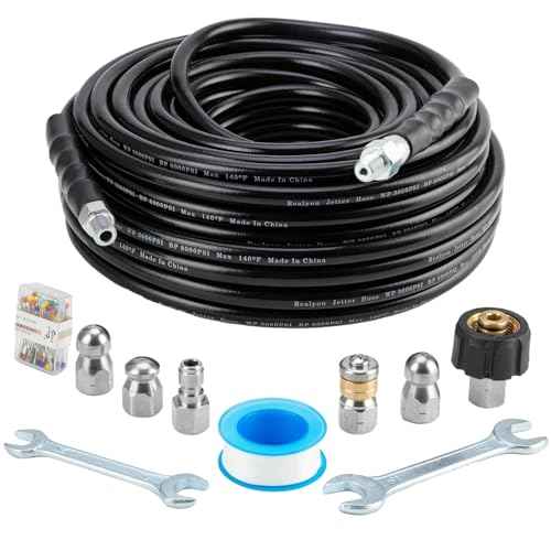 Sewer Jetter Kit 100FT for Pressure Washer, Pressure Washer Drain Jetter with 5800PSI Cleaner Hose 1/4 Inch NPT, Corner, Rotating & Button Nose Sewer Jetting Nozzle Spanner Waterproof Tape Pearl Pin