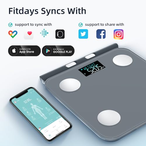 Fitdays Smart Body Fat Scale | Advanced 8-Electrode Technology for BMI/20+ Body Metrics | Full-Color LED & High Precision | Bathroom Weight Scale for Fitness/Weight Loss (FG2211LB-GREY)