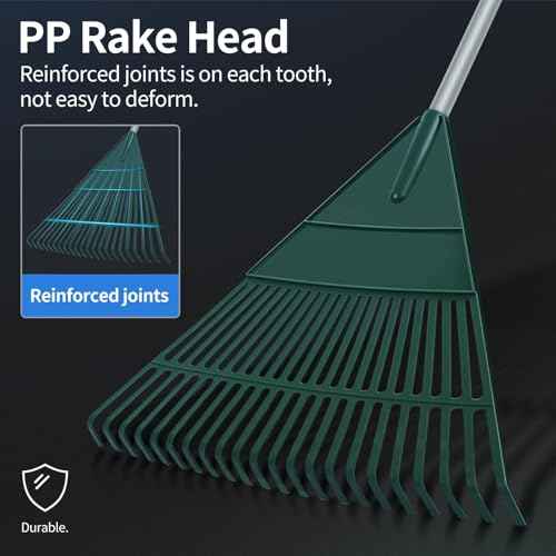 Garden Leaf Rake, 60" Garden Rakes with Foldable Lightweight Steel Handle, 22 Tines Plastic Head Shrub Rake, Folding Yard Garden Rake for Lawns, Grass, Flower Beds Leaves Cleaning, Silver & Green