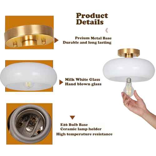 Gold Semi Flush Mount Ceiling Light,11inch Mid Century Modern Light Fixture,Hallway Lighting Fixture with Milk White Glass Shade,Vintage Ceiling Lamp for Kitchen,Porch,Entryway,Closet,Bedroom