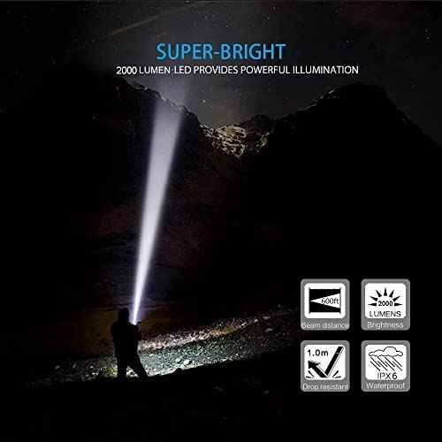 Hoxida LED Tactical Flashlight Rechargeable, IPX6 Waterproof Flashlight, 2000lm, Super Bright LED, Zoomable, Pocket-Size Small LED Flashlight for Hiking, Camping, Emergency