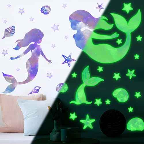 Mermaid Wall Decals Glow in The Dark Mermaid Star Decal Under The Sea Wall Stickers for Nursery Bedroom Bathroom Mirror Wall Decor