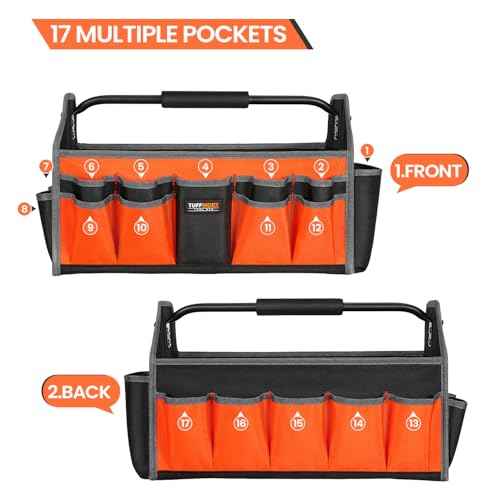 Tool Tote Bag, 15-Pocket Storage Organizer, Heavy-Duty Handle, Orange and Black