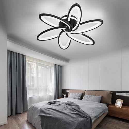 Modern LED Ceiling Light, 6+1 Rings 93W Dimmable Ceiling Light Fixtures 29.5" 3000K-6500K Flush Mount Black Flower Ceiling Lamp with Remote for Living Room,Bedroom,Kitchen