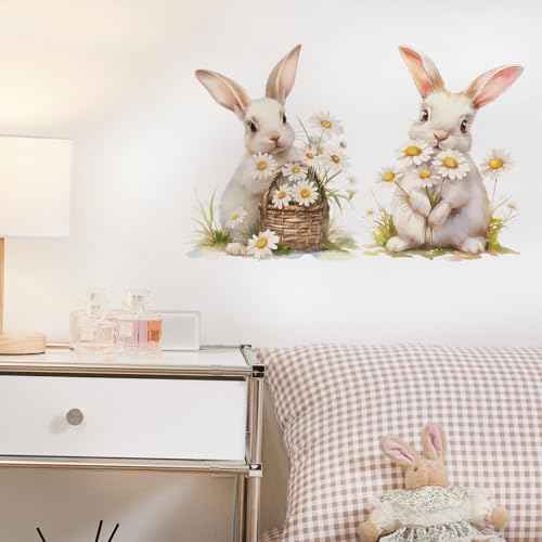Bunnies and Daisies Wall Decals Removable Spring Animal Vinyl Stickers for Nursery Kids Bedroom and Playroom Decor Peel and Stick Rabbit Wall Art